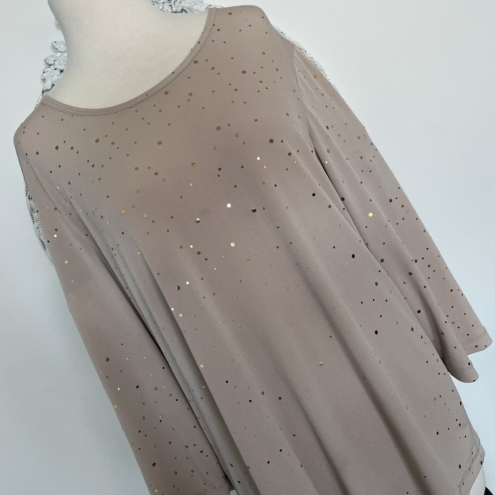 Susan Graver Tan Metallic Gold Polka Dots Tunic Top Travel‎ Liquid Knit M Party